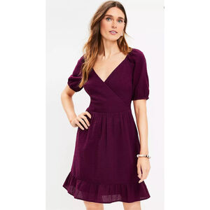 LOFT Puff Sleeve Waffle Dress SZ 8 Lined SweetBeet Crinkle 100% Cotton NEW